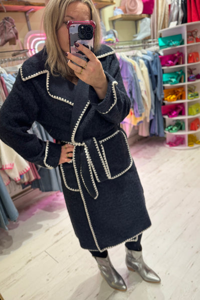 Embroidered Edge Detail Wrap Coat | Navy Blue