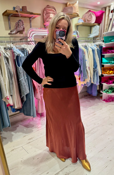 Aurora Satin Skirt (Longer Length) | Warm Bronze/Rose