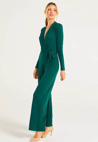 Plunge Neck Wide Leg Jumpsuit | Emerald Green