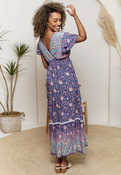 Boho Relaxed Maxi Dress with Ruffle Hem | Navy Multi