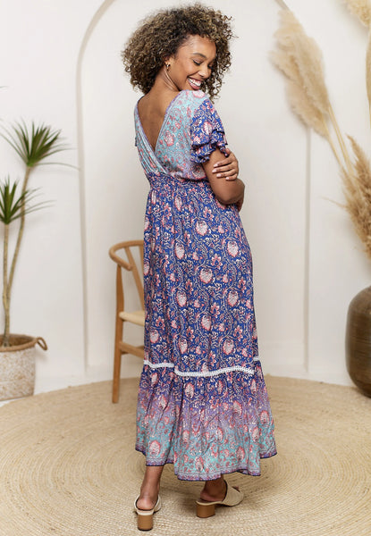 Boho Relaxed Maxi Dress with Ruffle Hem | Navy Multi