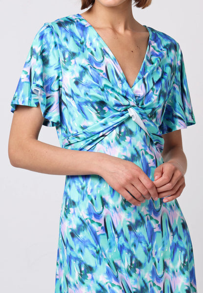 Twist Front Angel Sleeve Midi Dress | Blue/Green
