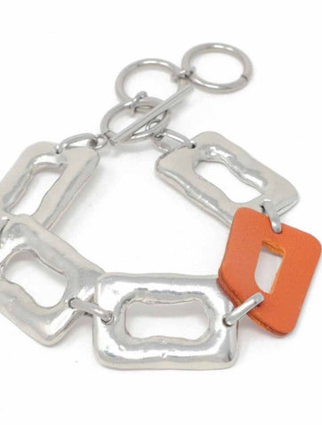 Medium Ring Feature Linked Bracelet with One Leather Piece | Orange