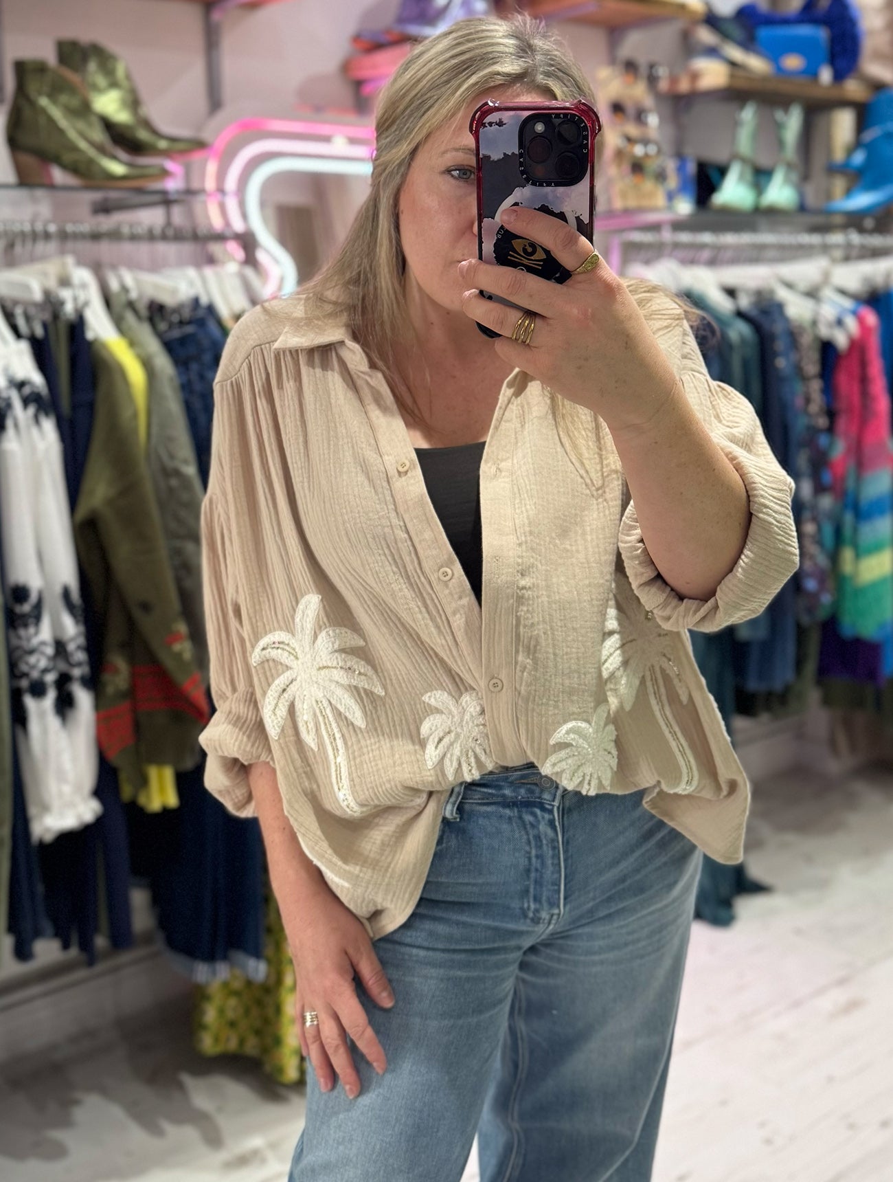 Cotton Cheesecloth Palm Detail Shirt | Oatmeal