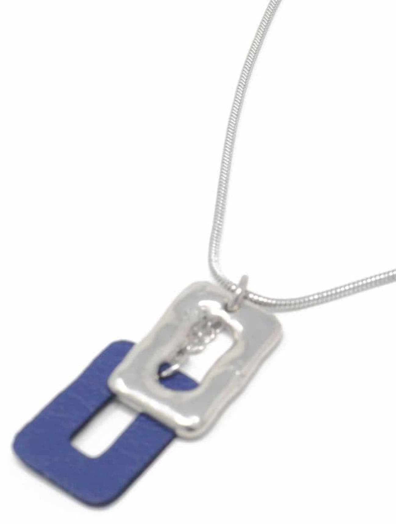 Short Snake Chain Necklace with Pewter and Leather Feature Pendant | Blue