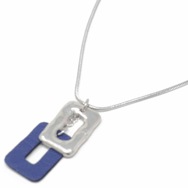 Short Snake Chain Necklace with Pewter and Leather Feature Pendant | Blue