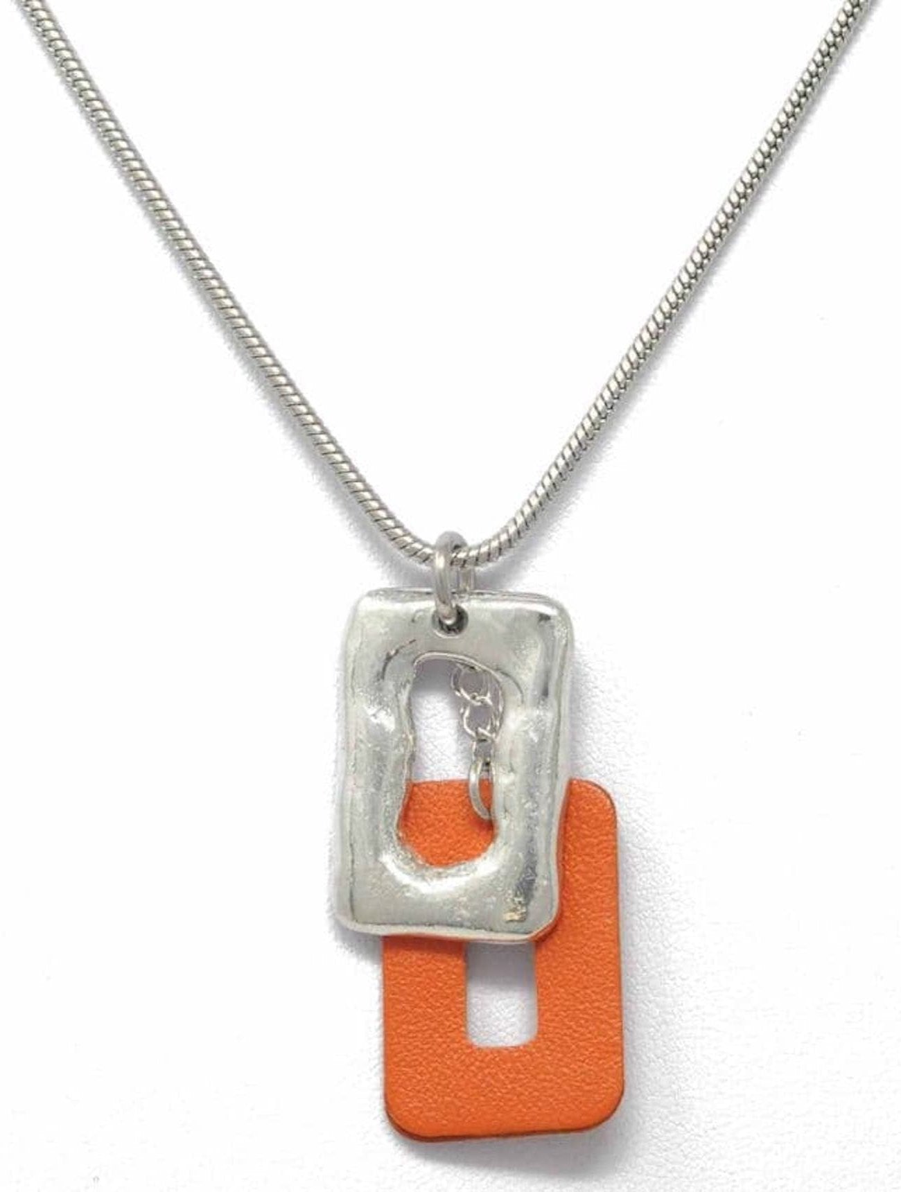 Short Snake Chain Necklace with Pewter and Leather Feature Pendant | Orange