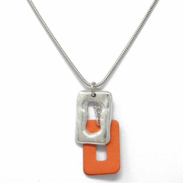 Short Snake Chain Necklace with Pewter and Leather Feature Pendant | Orange