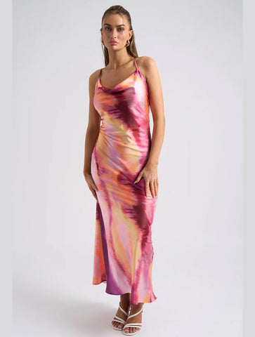 Sunset Tie Dye Cross Back Satin Dress | Pink Multi