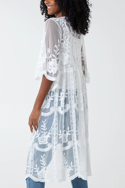 Embroidered Long Lace Kimono | Ivory