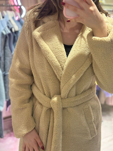 Teddy Long Belted Wrap Coat |Beige