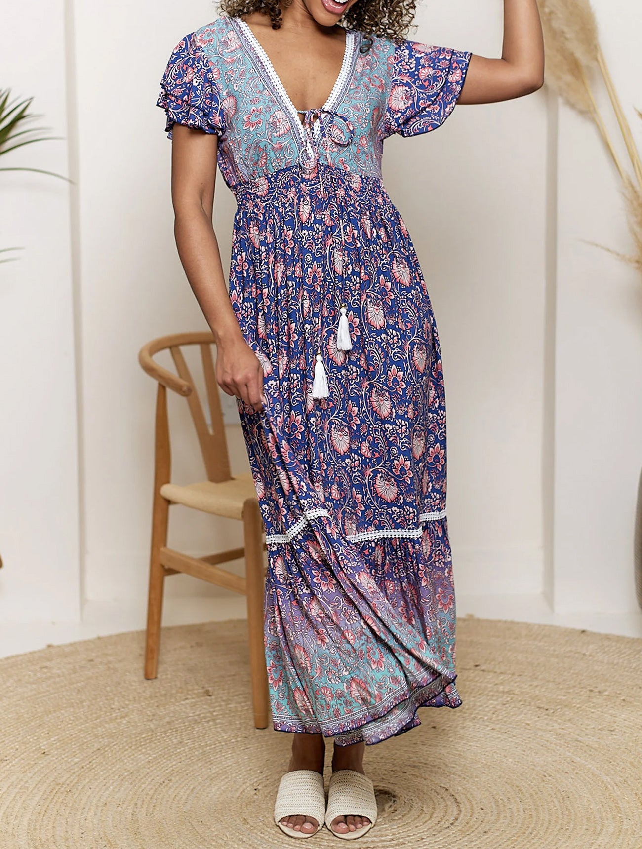 Boho Relaxed Maxi Dress with Ruffle Hem | Navy Multi