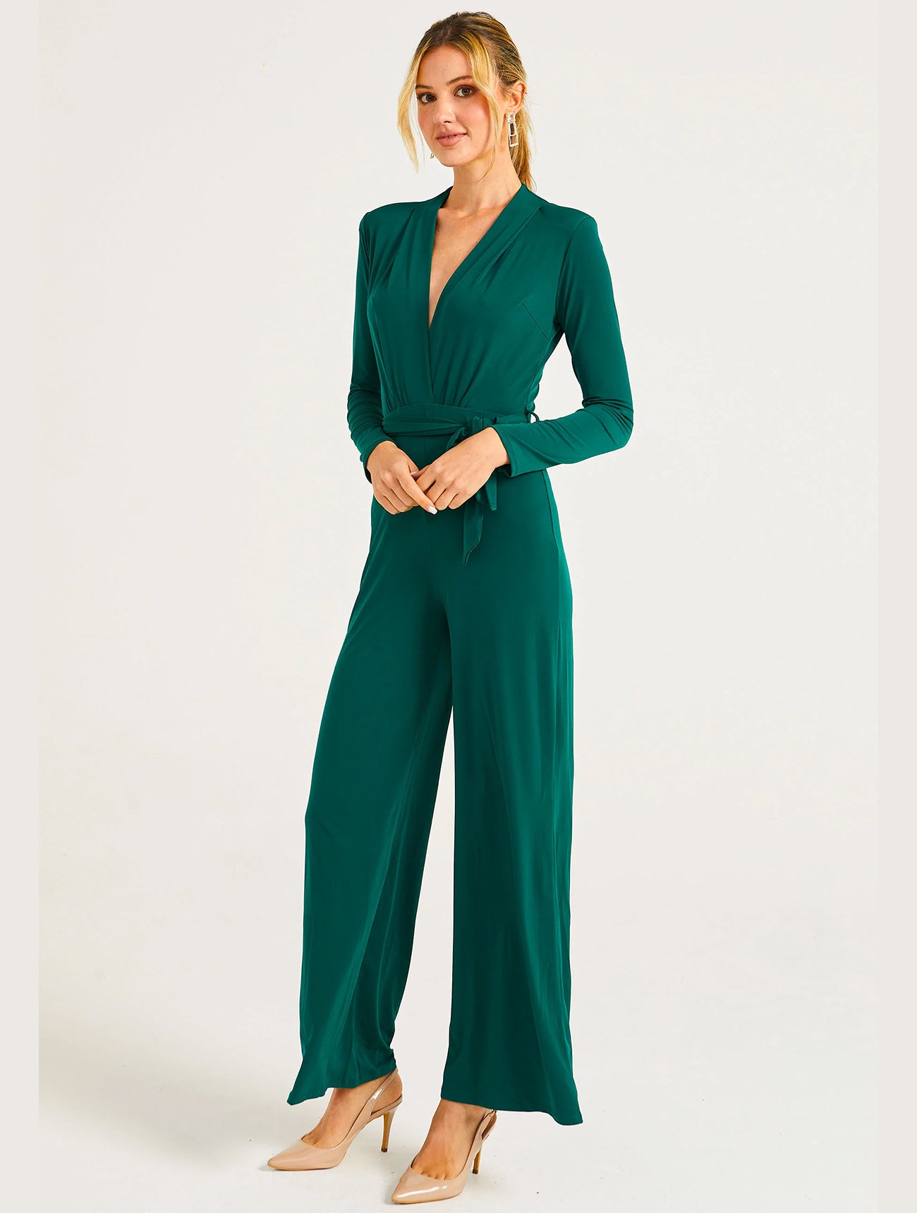 Plunge Neck Wide Leg Jumpsuit | Emerald Green