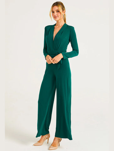 Plunge Neck Wide Leg Jumpsuit | Emerald Green