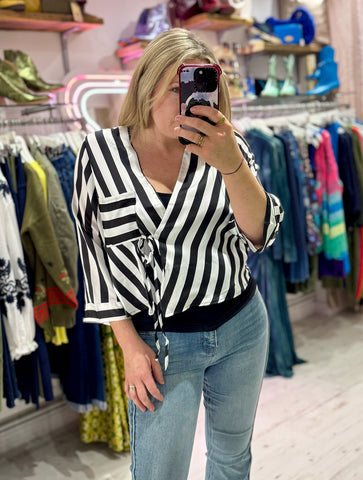 Black and White Stripe Wrap Blouse