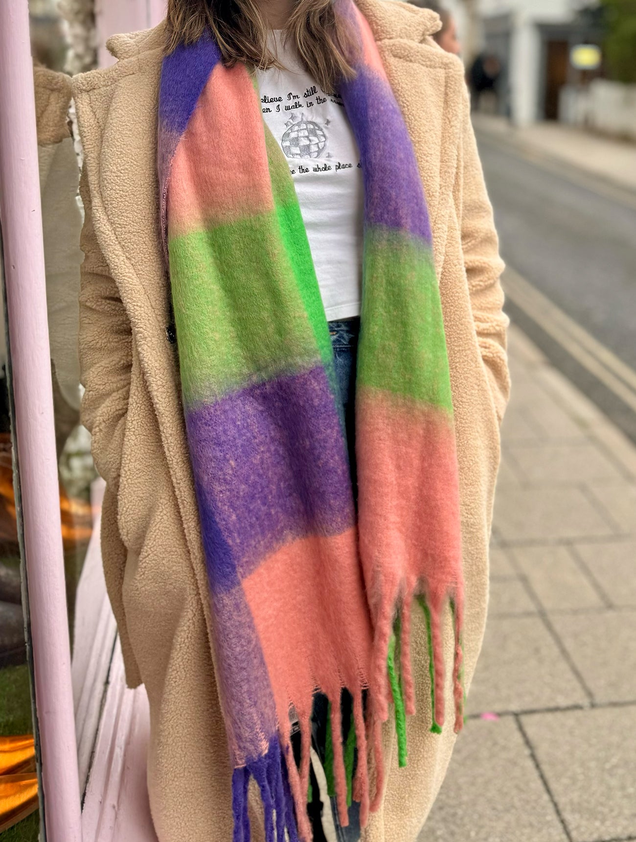 Soft Tassel Blanket Scarf | Purple/Green Check