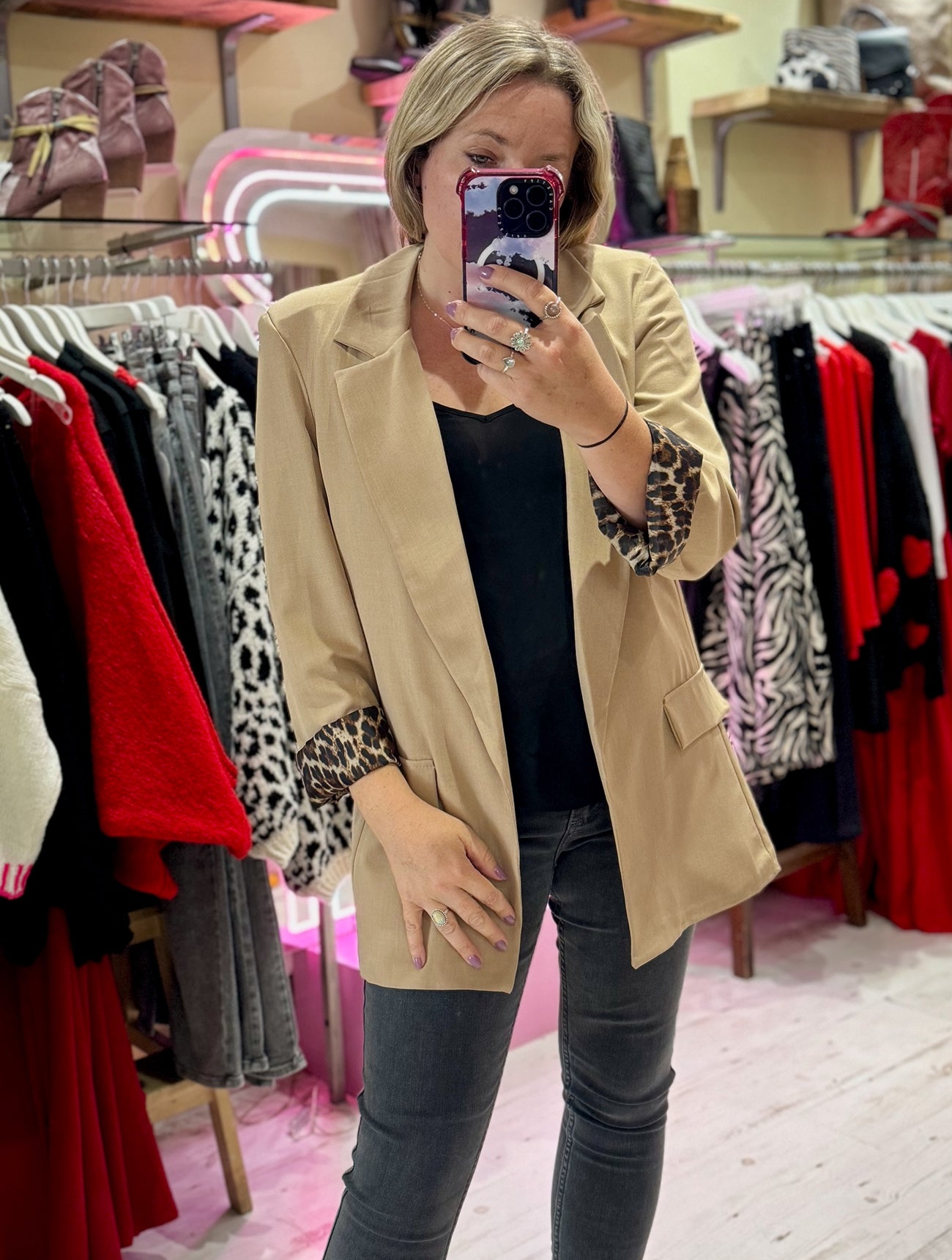 Longline Blazer with Leopard Cuff Detail Camel Pink Flamingo Boutique Kent