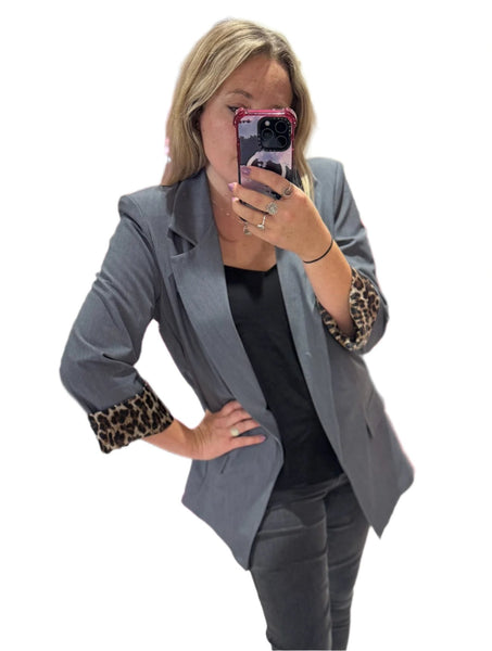 Longline Blazer with  Leopard Cuff Detail | Grey