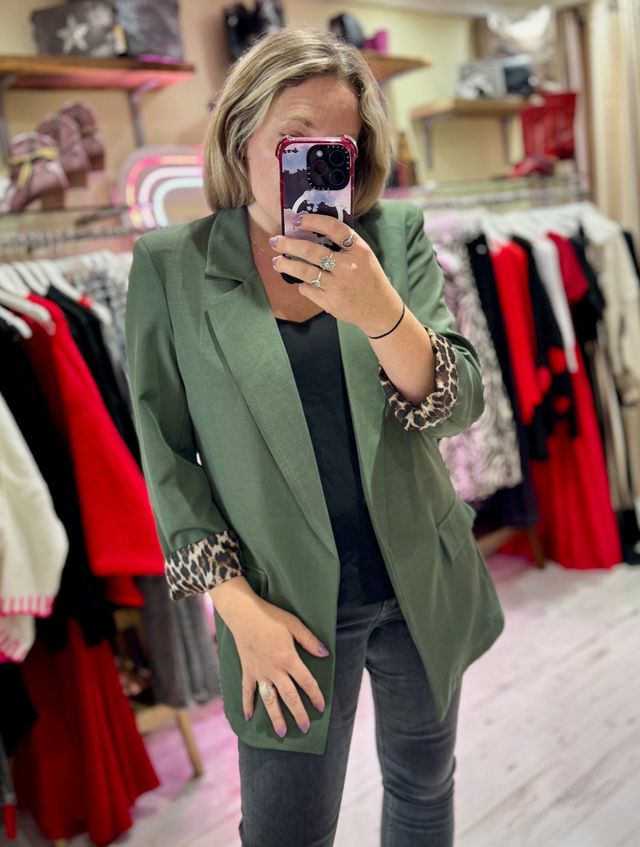 Longline Blazer with  Leopard Cuff Detail | Khaki