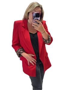 Longline Blazer with  Leopard Cuff Detail | Red