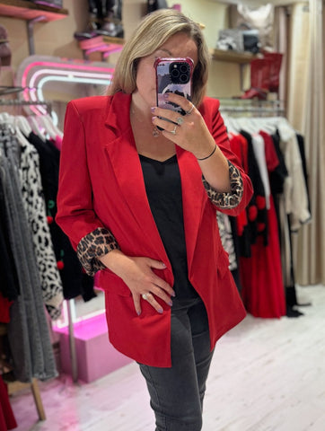 Longline Blazer with  Leopard Cuff Detail | Red