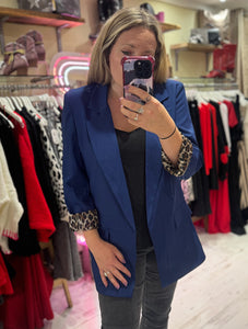 Longline Blazer with  Leopard Cuff Detail | Blue