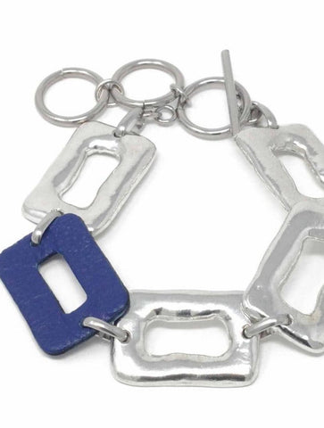 Medium Ring Feature Linked Bracelet with One Leather Piece | Blue