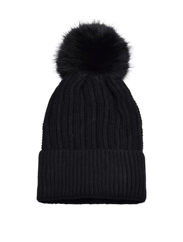 Knitted Fleece-Lined Faux Fur Bobble Hat | Black