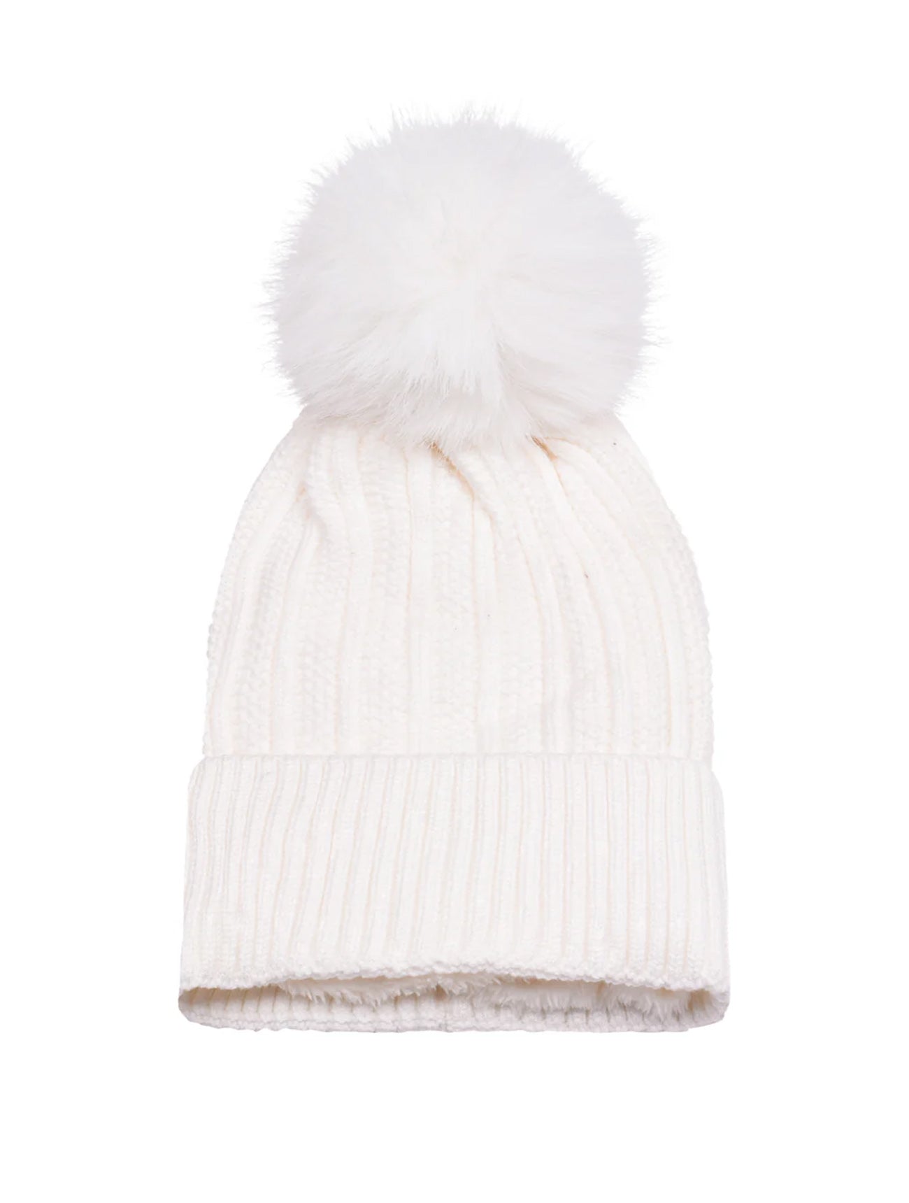 Knitted Fleece-Lined Faux Fur Bobble Hat | Cream