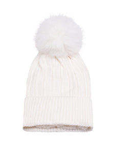 Knitted Fleece-Lined Faux Fur Bobble Hat | Cream