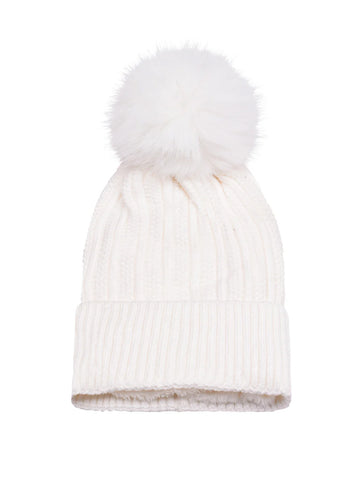 Knitted Fleece-Lined Faux Fur Bobble Hat | Cream