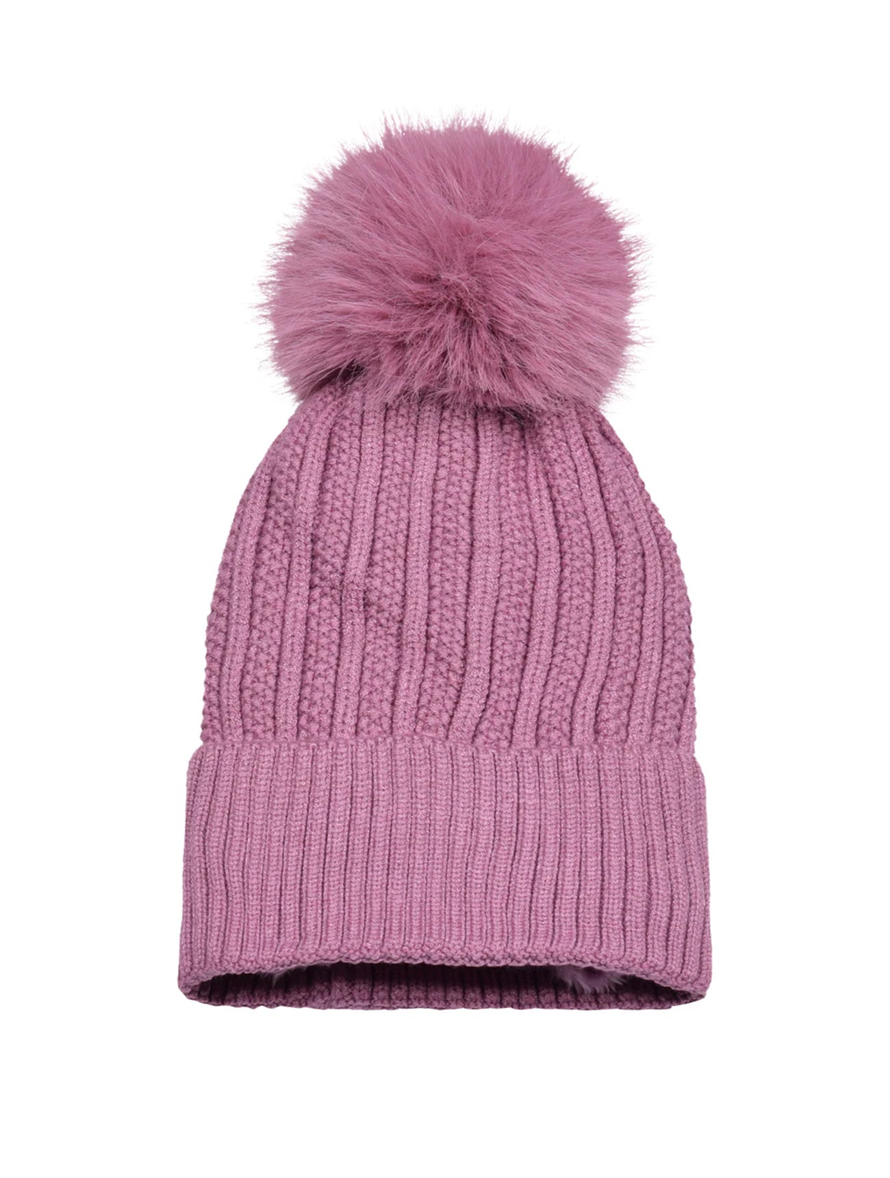 Knitted Fleece-Lined Faux Fur Bobble Hat | Dusky Pink