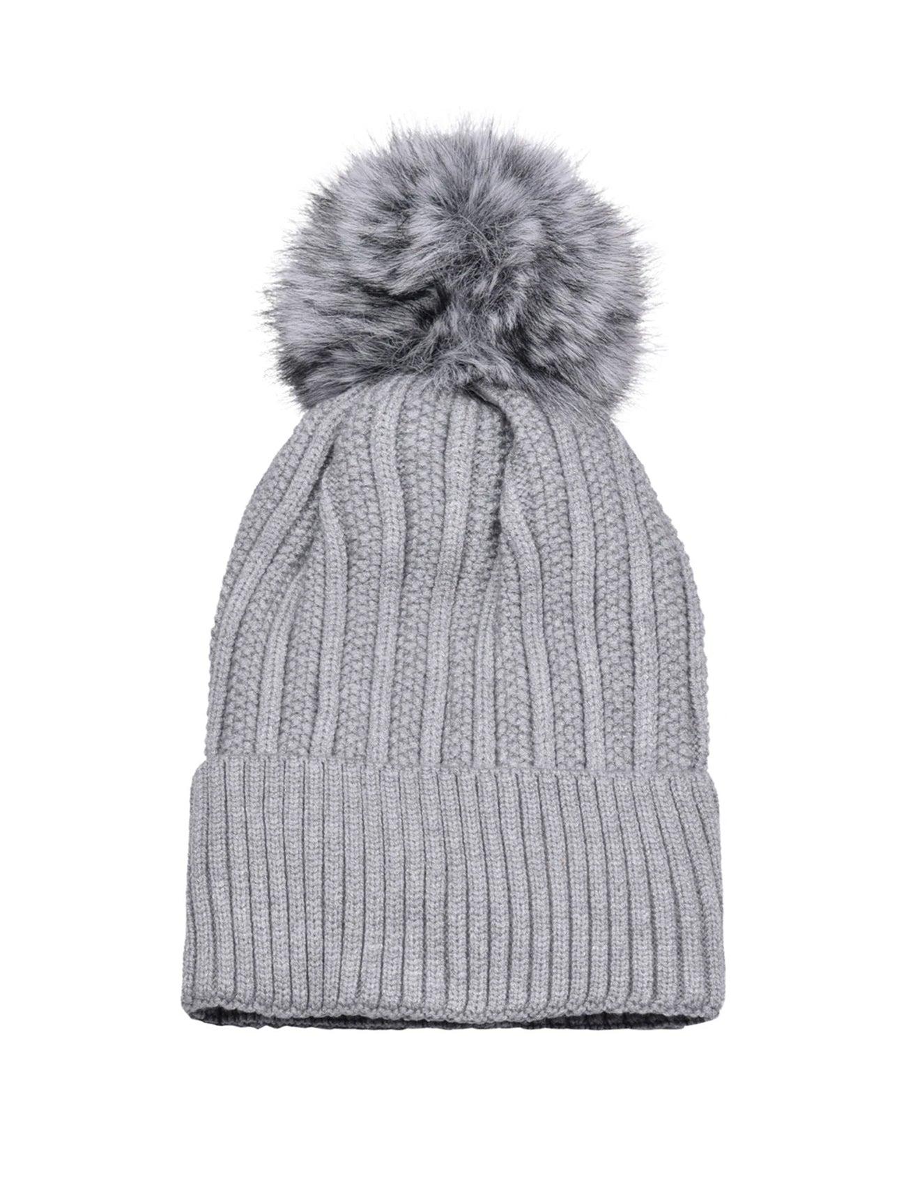 Knitted Fleece-Lined Faux Fur Bobble Hat | Grey