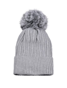 Knitted Fleece-Lined Faux Fur Bobble Hat | Grey