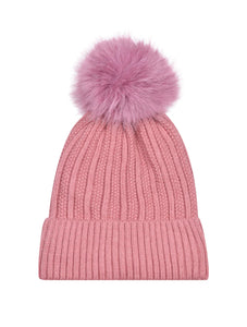 Knitted Fleece-Lined Faux Fur Bobble Hat | Pale Pink