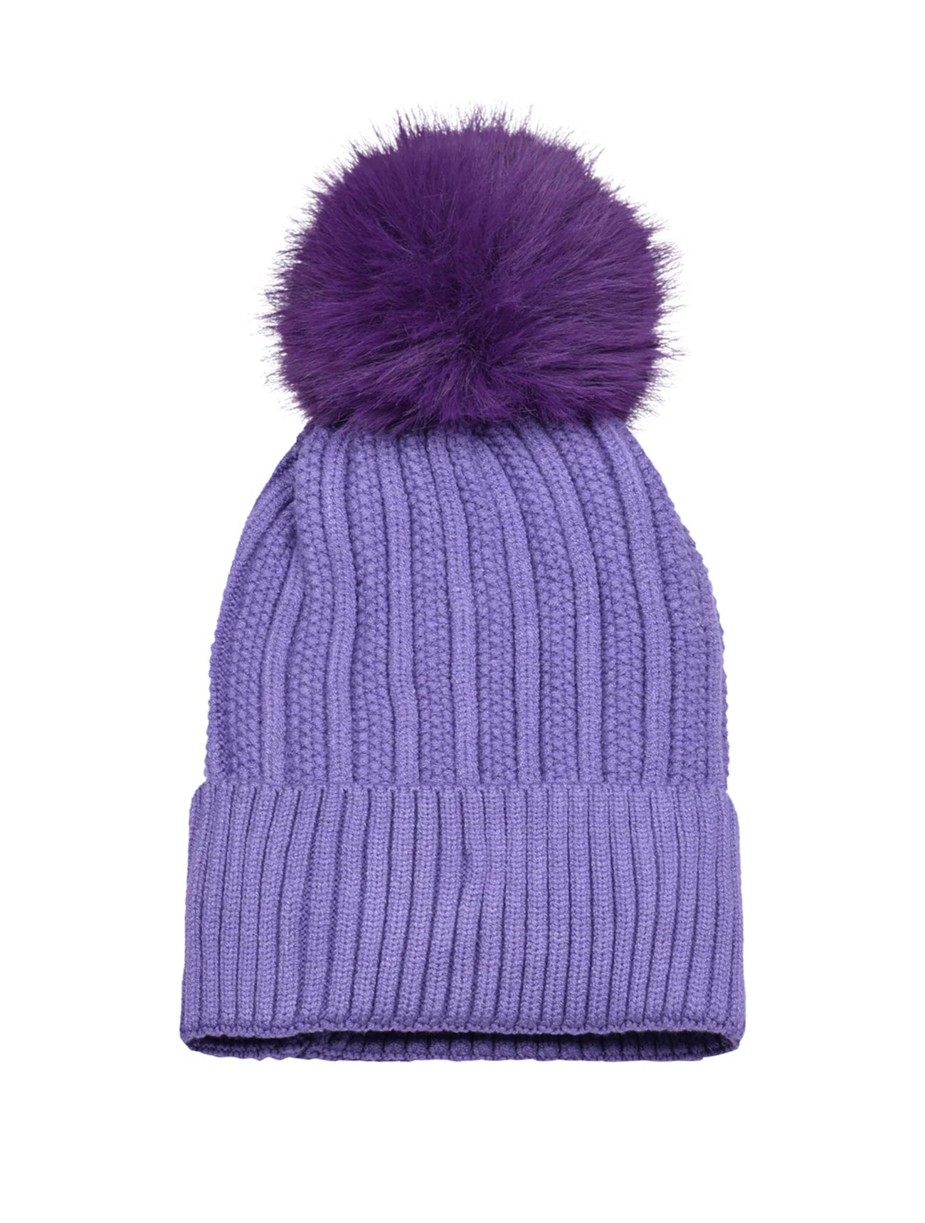 Knitted Fleece-Lined Faux Fur Bobble Hat | Purple