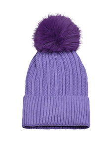 Knitted Fleece-Lined Faux Fur Bobble Hat | Purple