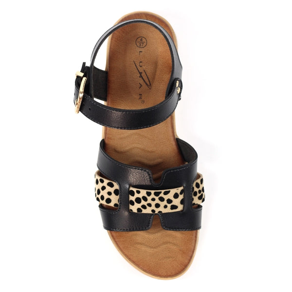 Lunar | Carla Animal Print Flat Sandal | Black