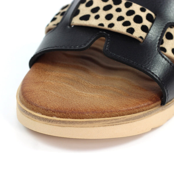 Lunar | Carla Animal Print Flat Sandal | Black