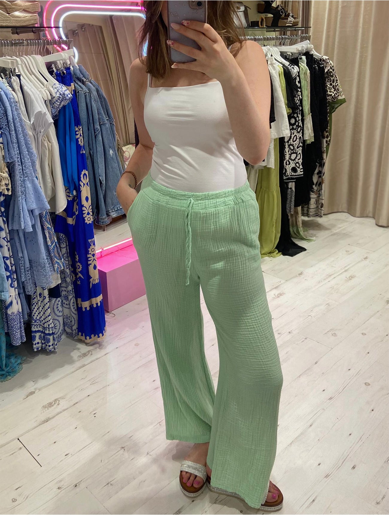 Cotton Cheesecloth Wide Leg Trousers | Mint