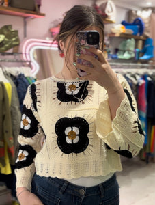 Flower Crochet Cropped Jumper | Black Multi