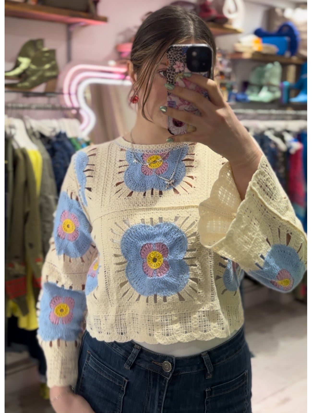 Flower Crochet Cropped Jumper | Blue Multi