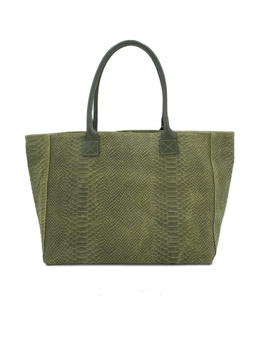 Suede Snake Design Leather Tote Bag | Olive Green