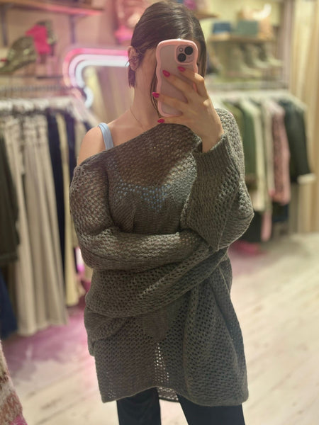 Knitted Heart Oversized Jumper | Grey