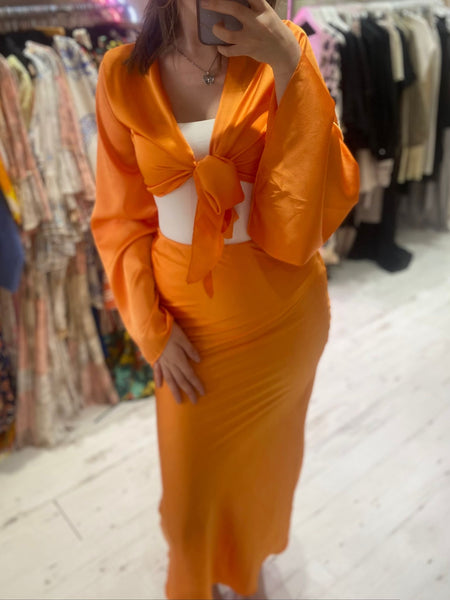 Satin 2-Piece Midi Skirt and Fluted Sleeve Top | Orange