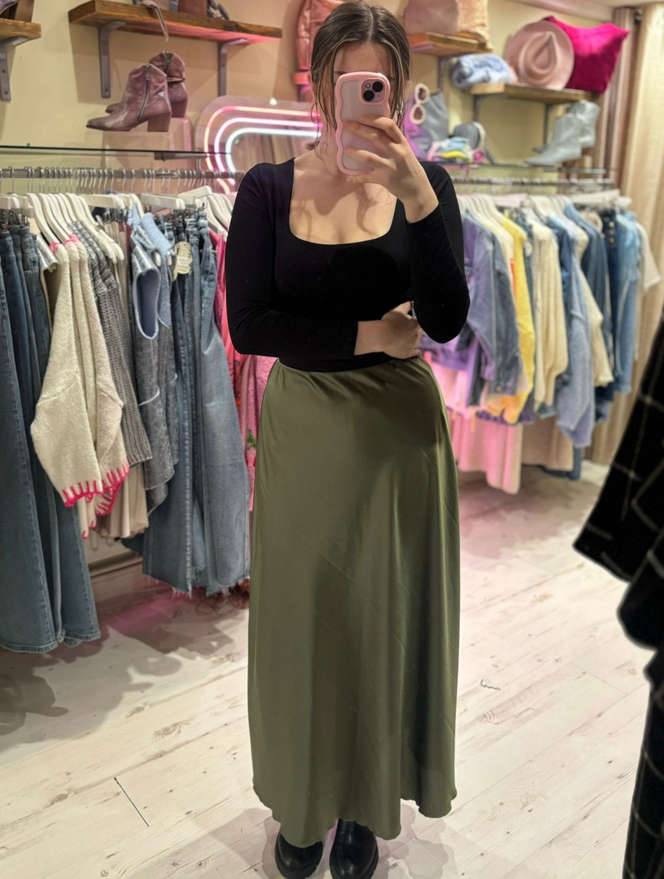 Ashley Satin Maxi Skirt | Khaki