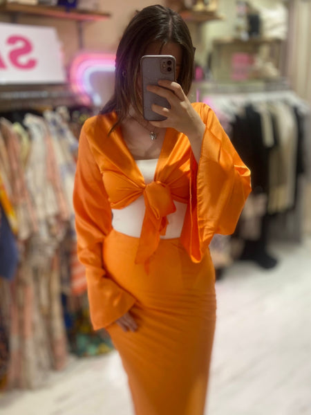 Satin 2-Piece Midi Skirt and Fluted Sleeve Top | Orange