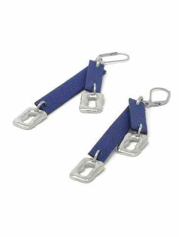 Double Leather and Small Ring Feature Earrings | Blue