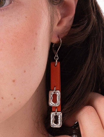 Double Leather and Small Ring Feature Earrings | Orange