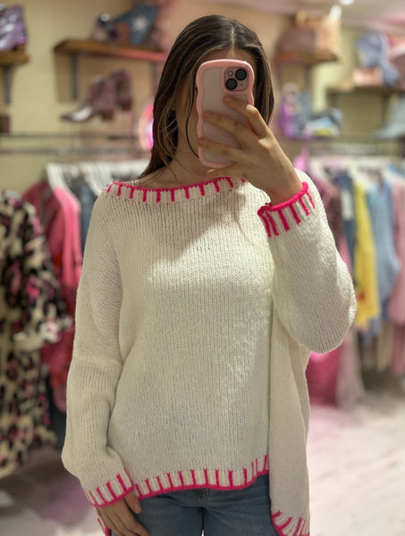 Contrast Stitch Knit Jumper | Cream/Neon Pink